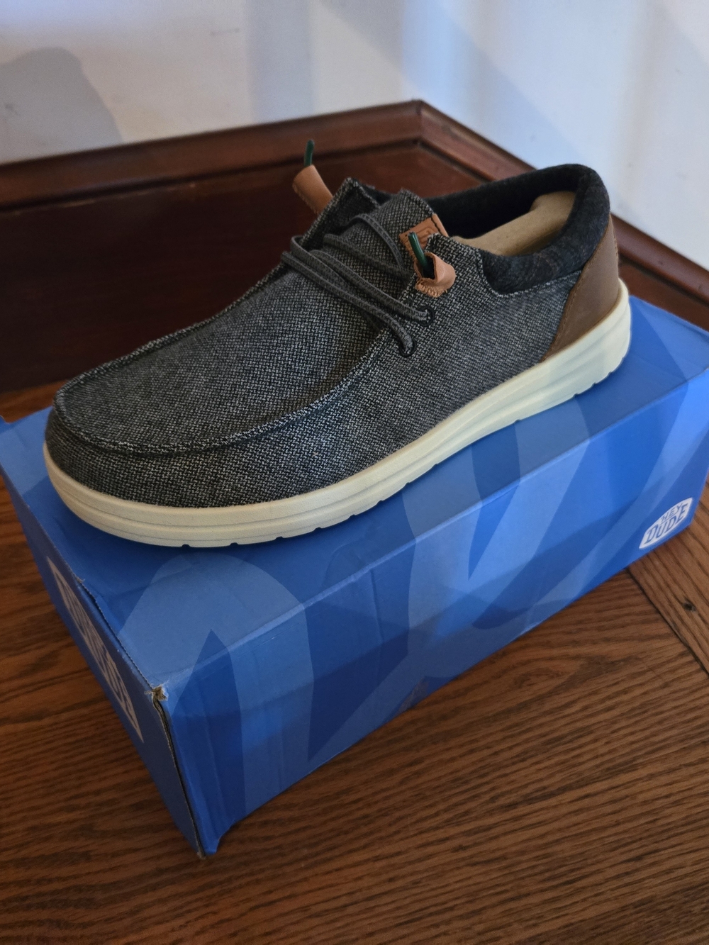 Hey Dude Men's Charcoal Gray Canvas Slip-On with Tan Heel Accents